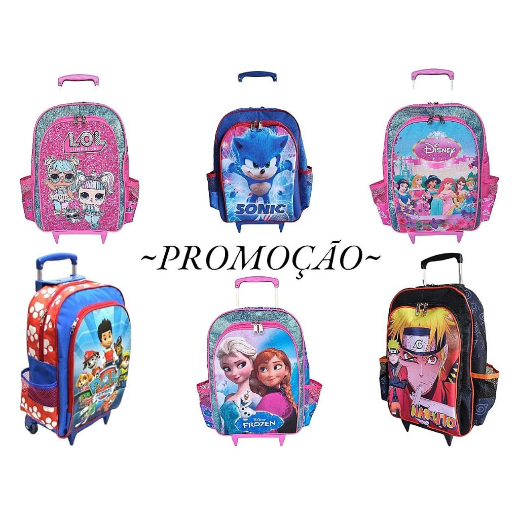 Mochila de rodinhas Mochilete Homem Aranha infantil escolar meninos personagem criança bolsa rosas patrulha canina sonic game naruto skye frozen barbie