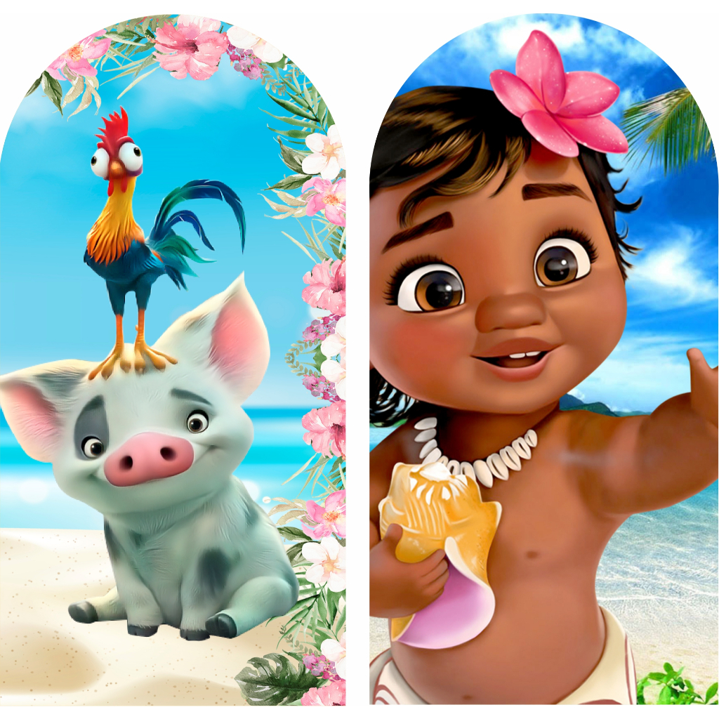 Kit Painel de Festa Moana Cute Baby + Bichinhos + Barco - 2 Paineis Romanos 2,00m de Alt x 1,00m de Larg
