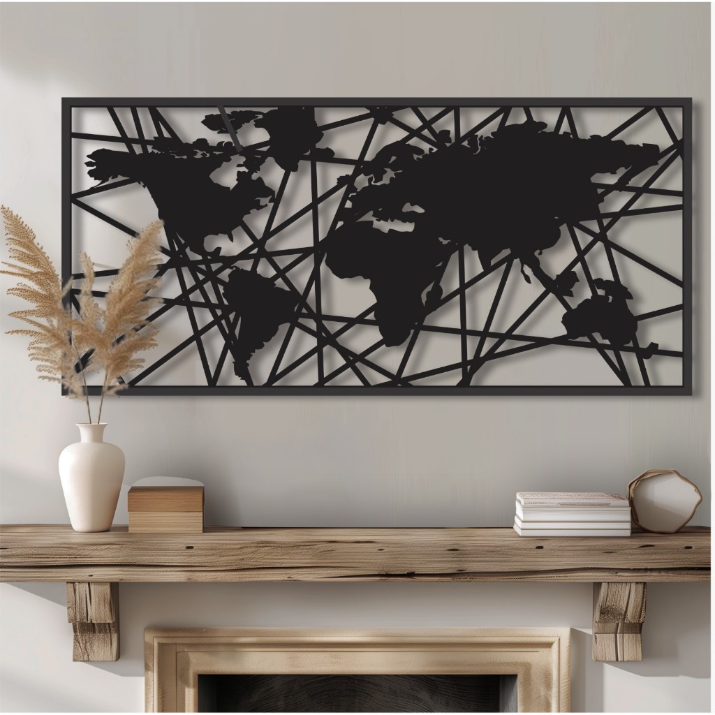 Placa Decorativa Quadro Mapa Mundi Madeira Abstrato Parede Escritório Cozinha Sala Grande Quarto