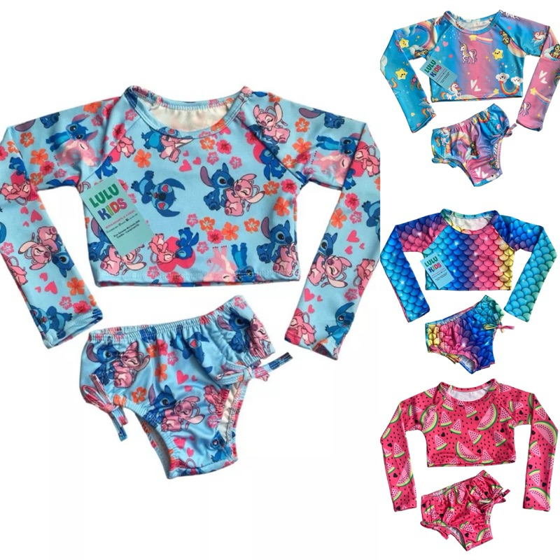 Biquini Cropped Manga Longa + Calcinha proteção solar UV/Conjunto Cropped com calcinha moda praia menina natação. Stitch
