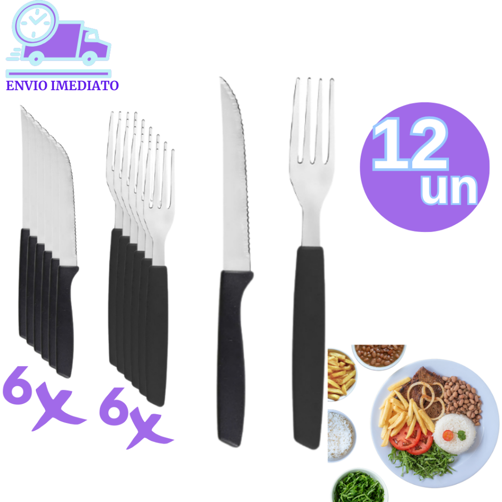 Kit 6 Facas Inox de Mesa Cabo Preto 6 Garfo Inox de Mesa Cabo Preto Carnes Frutas Casas Restaurantes Buffet Pizzaria