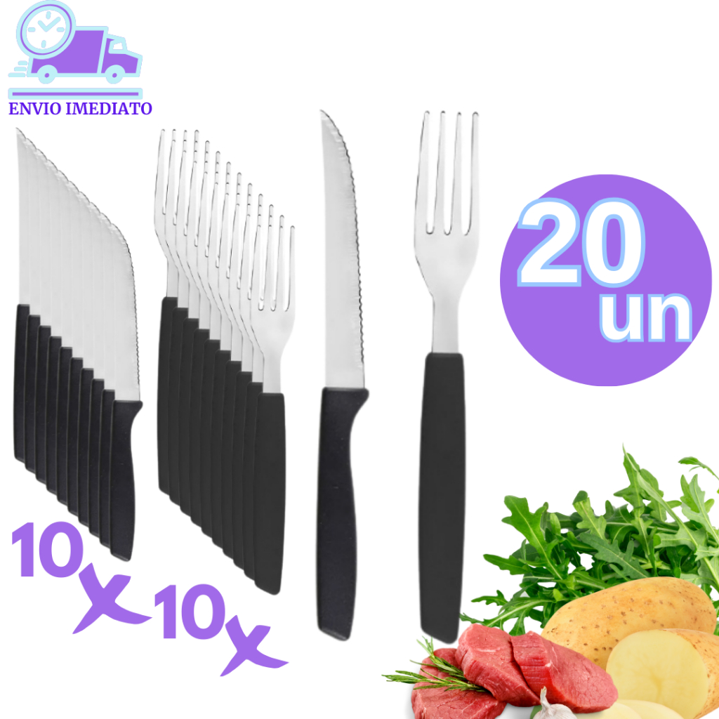 Kit 10 Garfos Inox de Mesa Cabo Preto 10 Facas Inox de Mesa Cabo Preto Carnes Frutas Paes Restaurantes Buffet Pizzaria