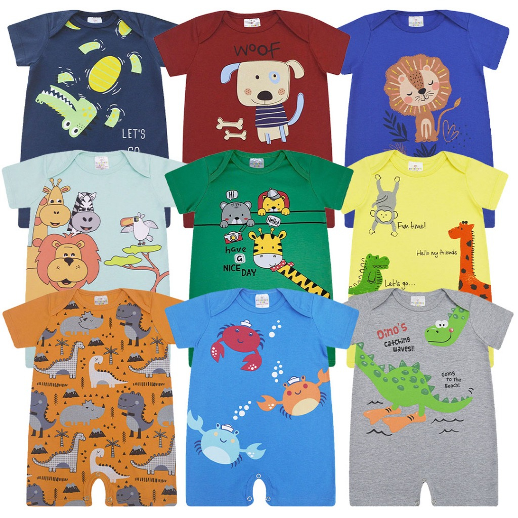 KIT 5 Peças Macacão curto Cores Sortidas, Romper infantil bebê menino, banho de sol verão, P ao GG. em Oferta na Shopee
