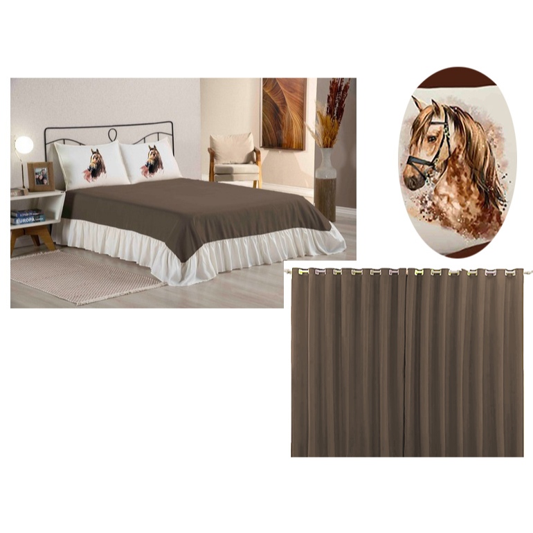 Kit Cobre leito Colcha com Babado Casal Padrão Cavalo Tabaco/Palha + Cortina com 4 peças
