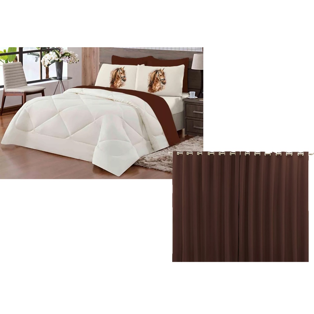 Kit Cobre leito Edredom com Babado Casal Padrão Cavalo Tabaco/Palha + Cortina com 4 peças