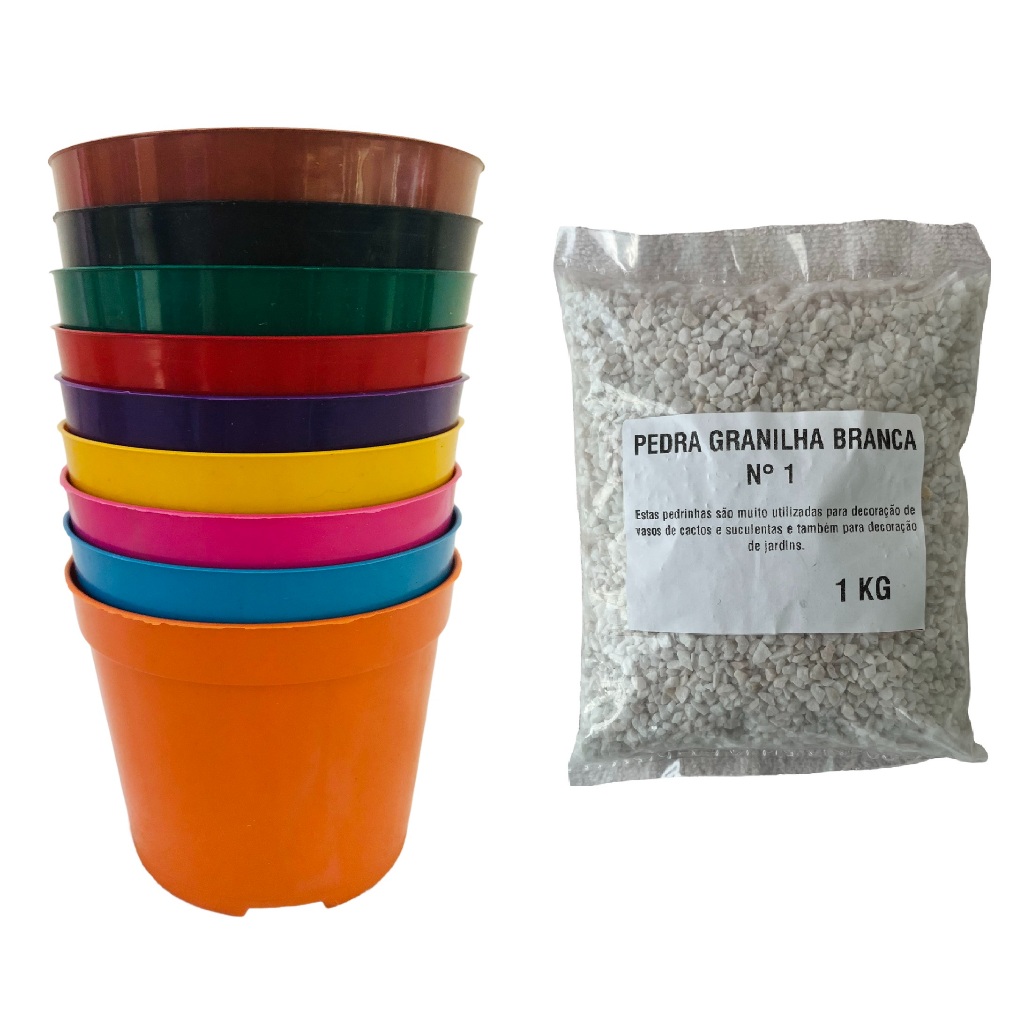 Kit 100 Vasos Plástico Pote 9 Liso COLORIDO Suculentas Mini Cactos + 1Kg pedrinha branca