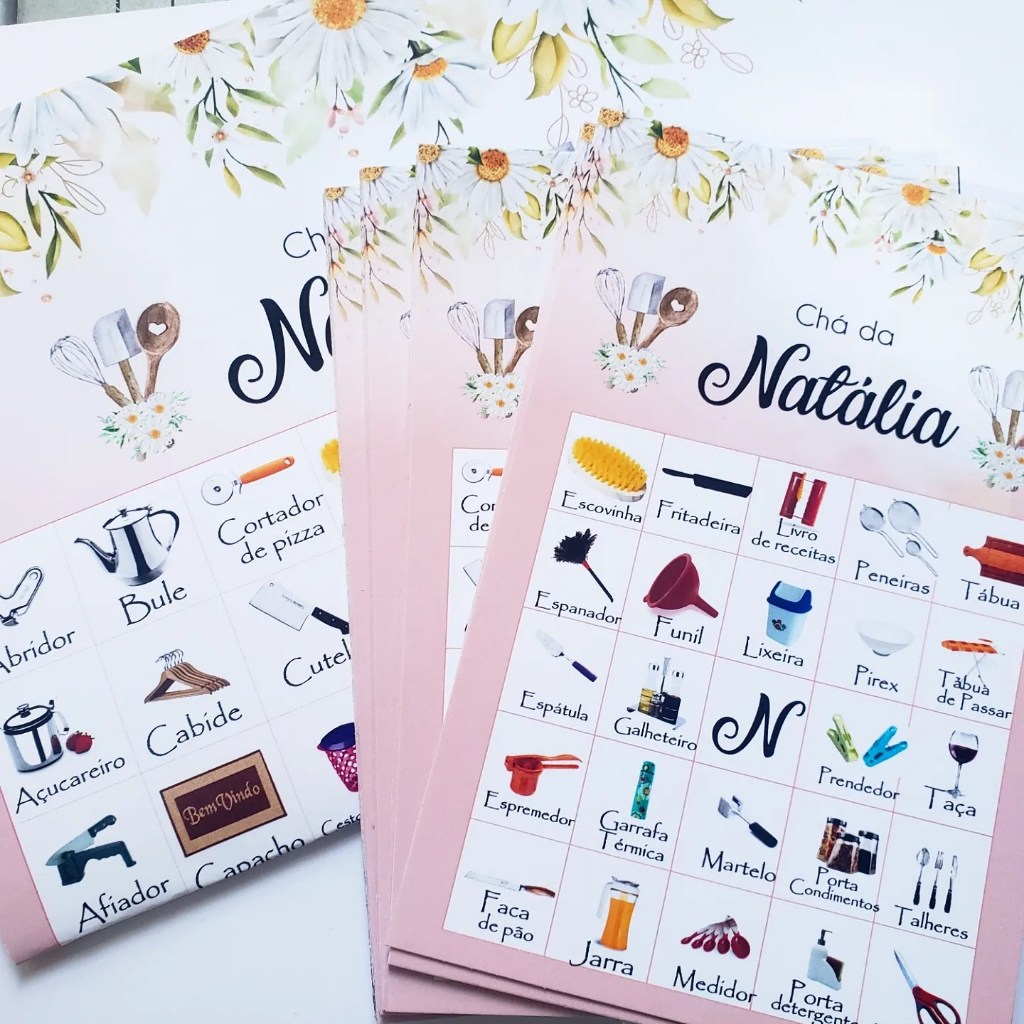 Brincadeira Chá de cozinha / panela Bingo Personalizado +  lápis 50 unidades margarida