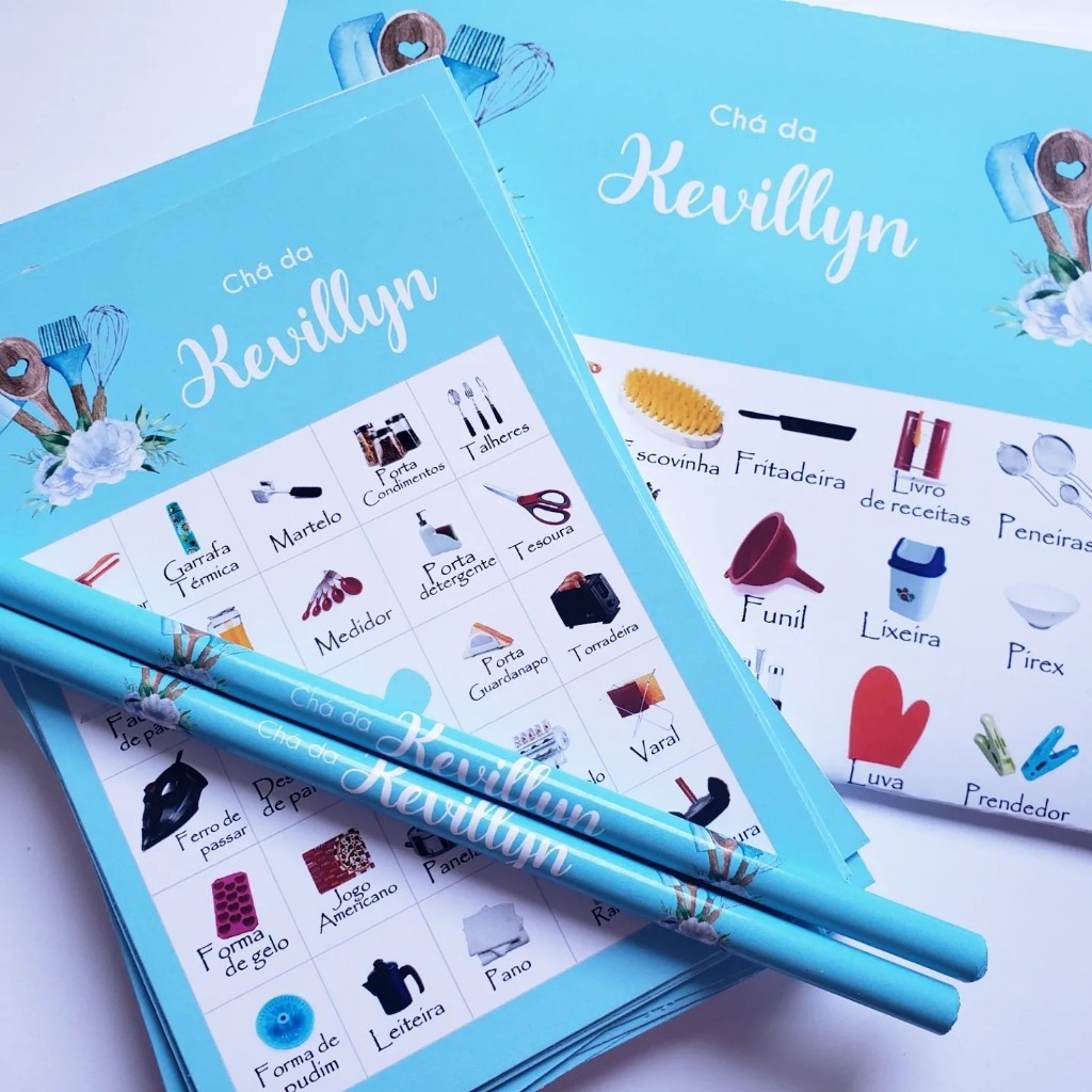 Brincadeira Chá de cozinha / panela Bingo Personalizado +  lápis 50 unidades azul