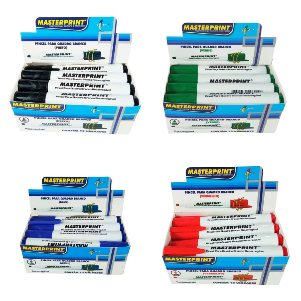 Pincel Quadro Branco Recarregável Caixa com 12 Unidades Cores Diversas Azul Vermelho Preto Masteprint em Oferta na Shopee