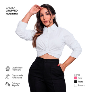 Camisa Feminina Cropped Listrada  Blusa Feminina cruzada social colarinho Tricoline Algodão em Oferta na Shopee