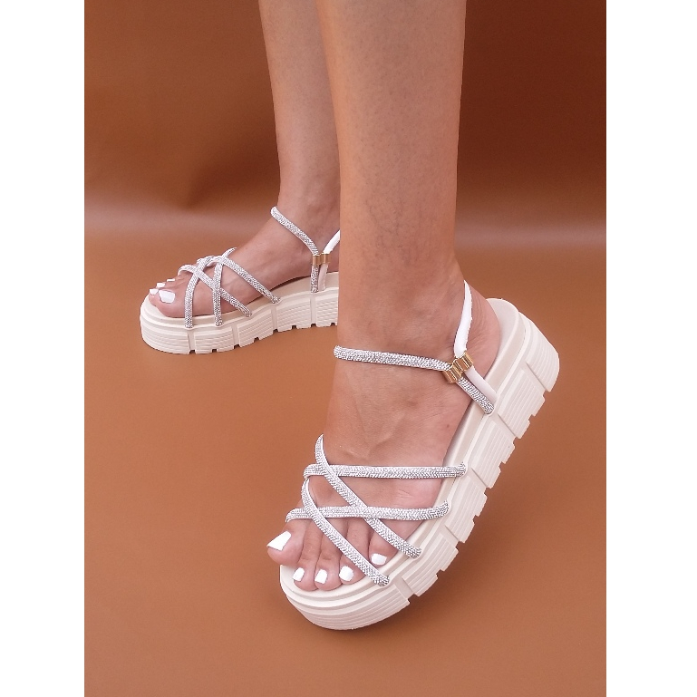 Papete Feminina Plataforma Birken Sandalia Pedrarias Flat de Brilho Leve Promoção em Oferta na Shopee