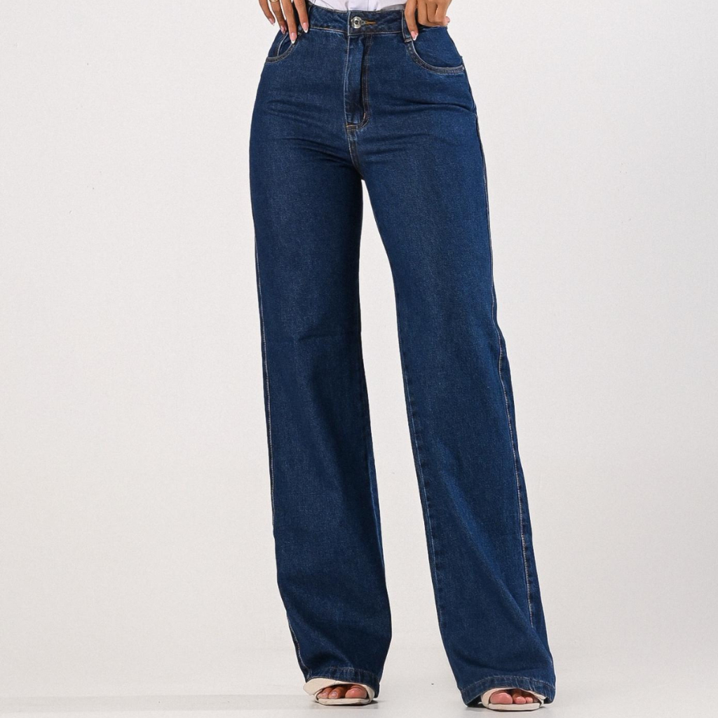 Calça Jeans Feminina Wide Leg Flare Pantalona 100% Algodão Cintura Alta  Valoriza o Bumbum