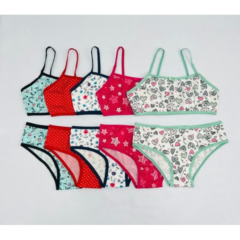 Kit 5 Conjunto Infantil Estampada Anna Lingerie Feminino Sutiã Top Calcinha com forro de 100% algodão lingerie infantil.