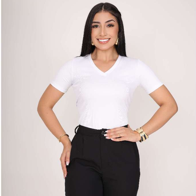 T-Shirt Gola V Com Manga Canelado Blusa Gola V Canelado Blusa Decotada Canelado