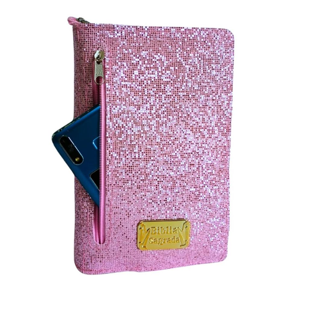 Capa para Bíblia de Estudo Grande Brilho Glitter com Zíper e Bolso Externo Porta Celular | Nº 13