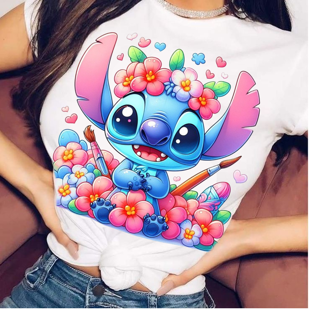 t-shirt feminina manga curta moda estampa stitch fofo basica P ao GG