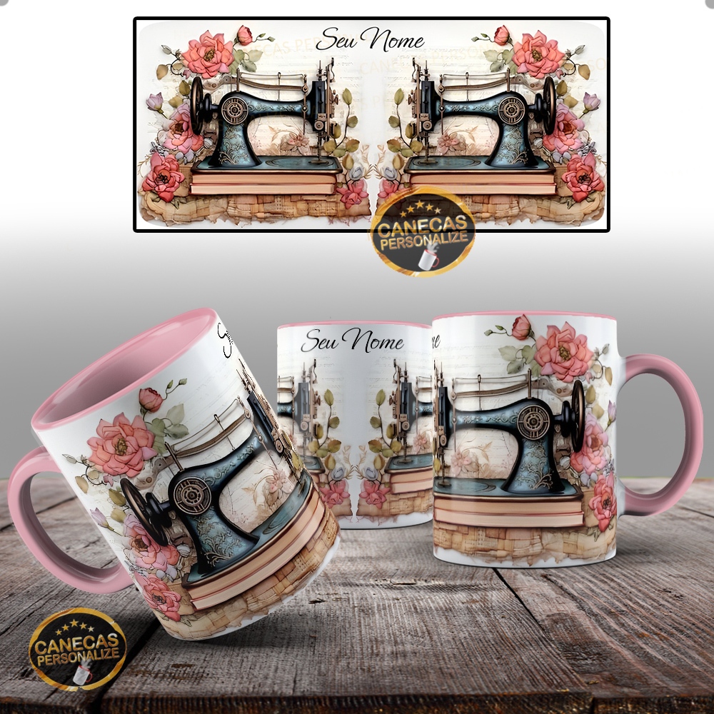 Caneca Xicara de Costureira 3D Maquina Antiga Com Nome Personalizado - Cerâmica 325ml em Oferta na Shopee