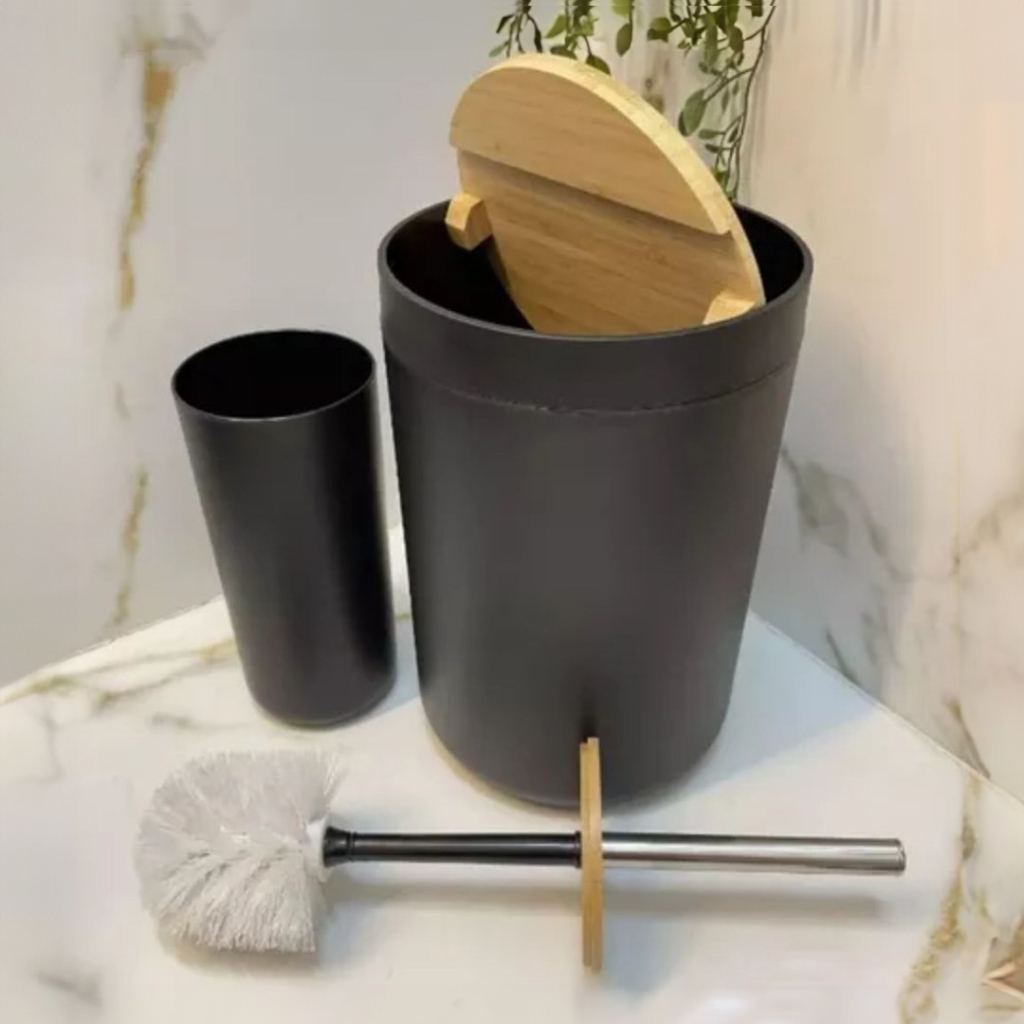 Kit Banheiro Bambu 2 Pçs Lixeira e Escova de Vaso Sanitário Conjuto Lavabo