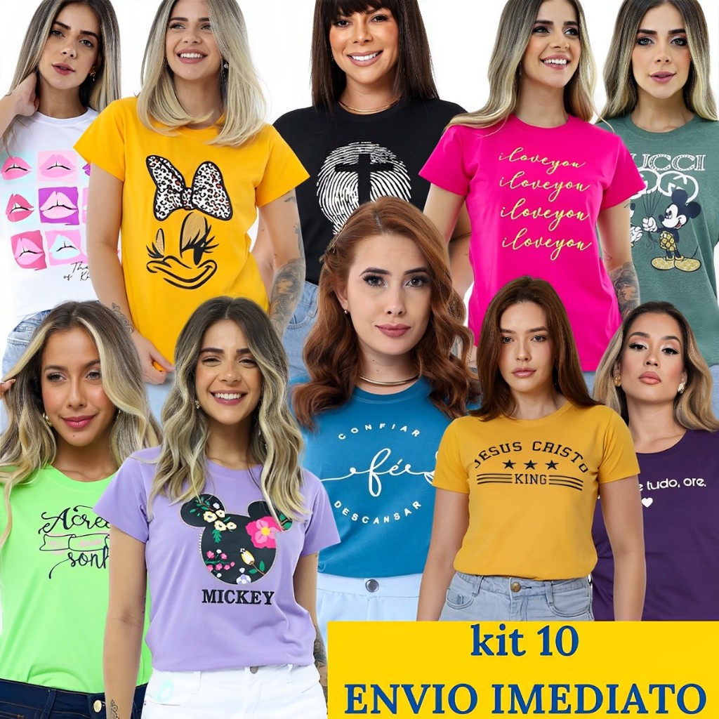Kit 10 Blusas Tshirt Feminina 100% Algodão Camiseta Manga Curta Gola Redonda Direto de Fábrica em Oferta na Shopee