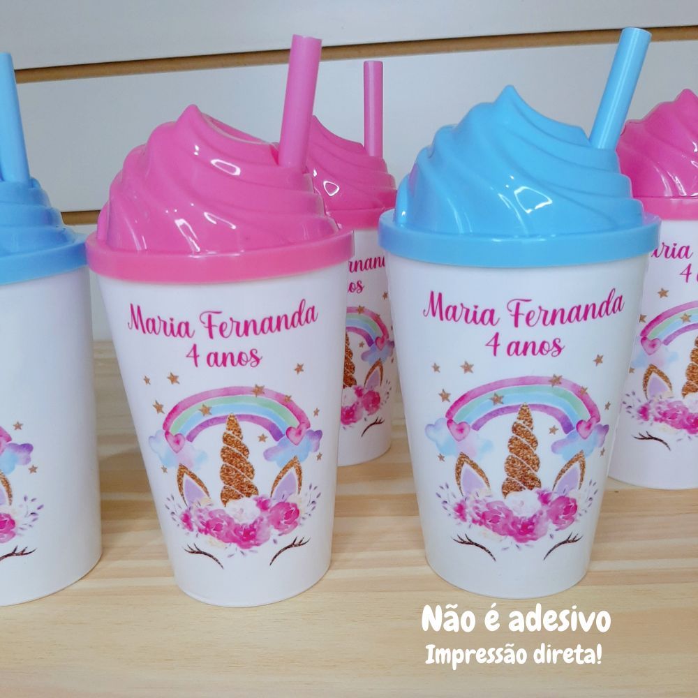 Copo Personalizado Unicórnio  300ml com Tampa e Canudo | Lembrancinha Infantil | Festa Aniversário