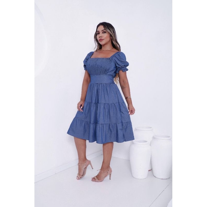 vestido curto jeans tecel  luxo con manga curta con elastex