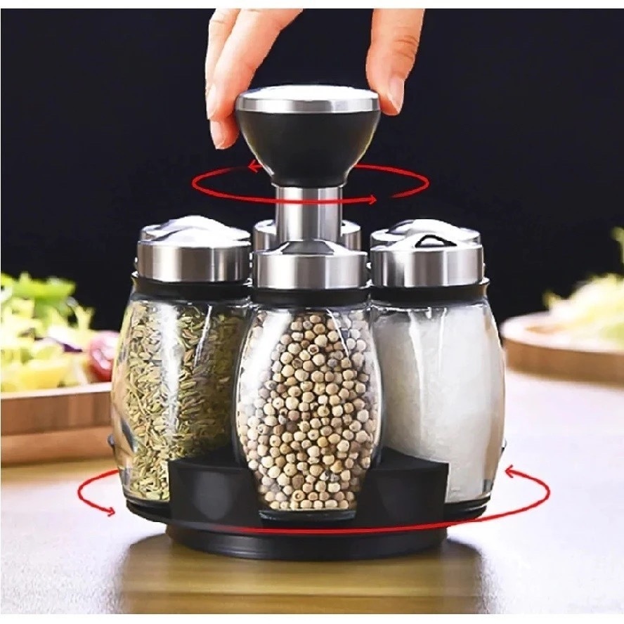 Porta Condimentos e Temperos Cozinha Giratório Suporte 6 Potes em Vidro Porta Tempero Condimento Plástico + Suporte Gira