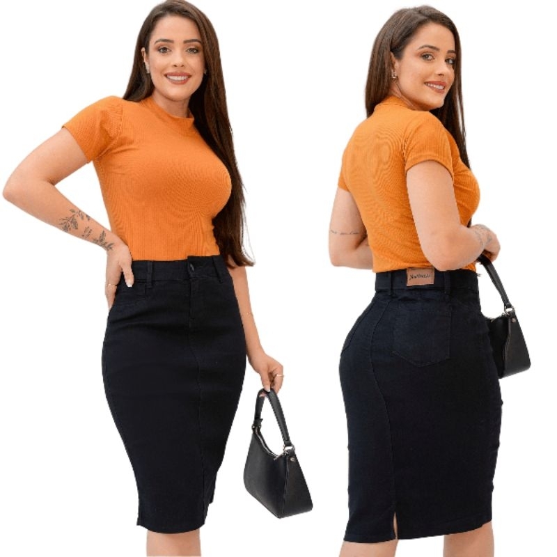 Saia Jeans Mídi Preta Com Elastano Secretaria em Oferta na Shopee