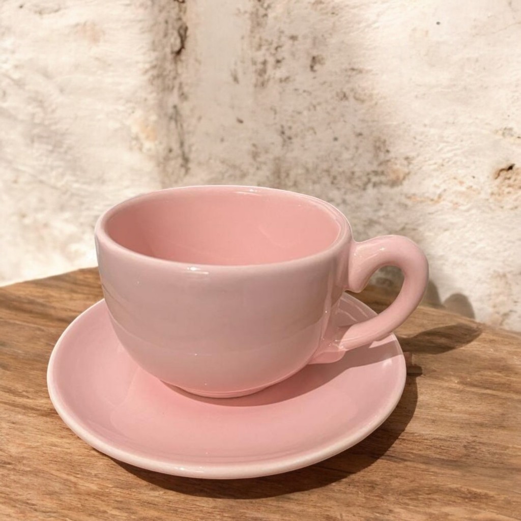 Xicara Cha Lisa com PIres Liso Redondo Rosa 240ml Ceramica