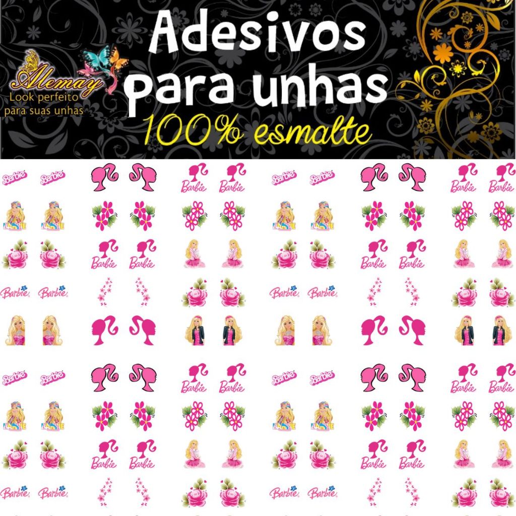 Barbie Adesivo de Unha com o Tema Barbie - 3 Cartelas Película de Unha Rosa Barbie