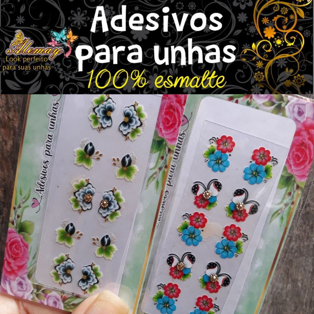 Adesivo de Unha 3D Coração Flor e Cruz Cartela com 100 Películas