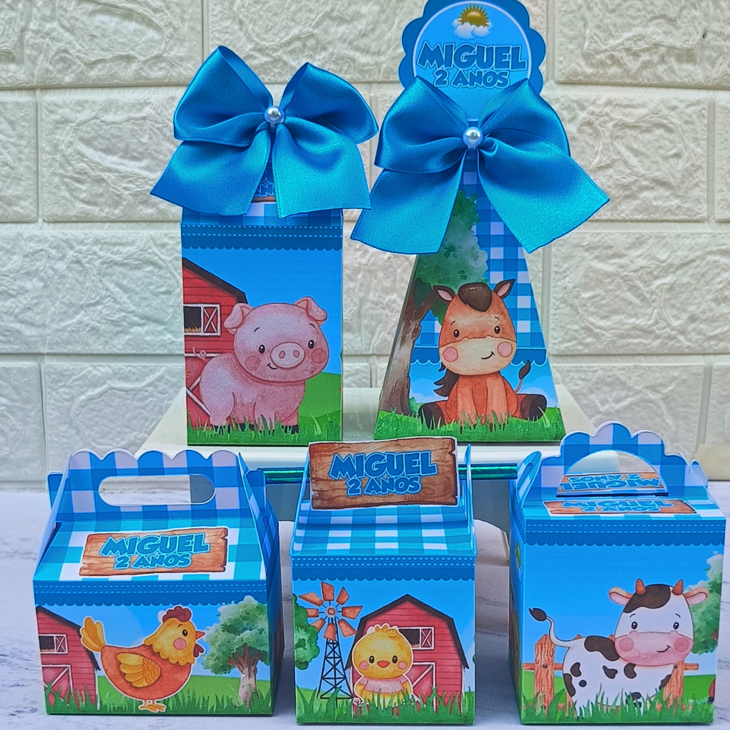 PEGUE E MONTE Kit Caixas Personalizadas  Fazendinha Azul Menino Lembrancinha Festa Infantil Caixinha