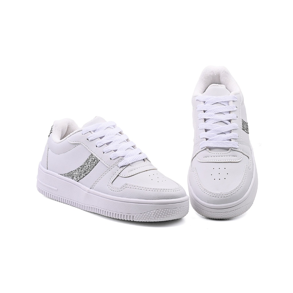 Tênis Parvaneh Feminino Casual Branco Glitter Prata em Oferta na Shopee