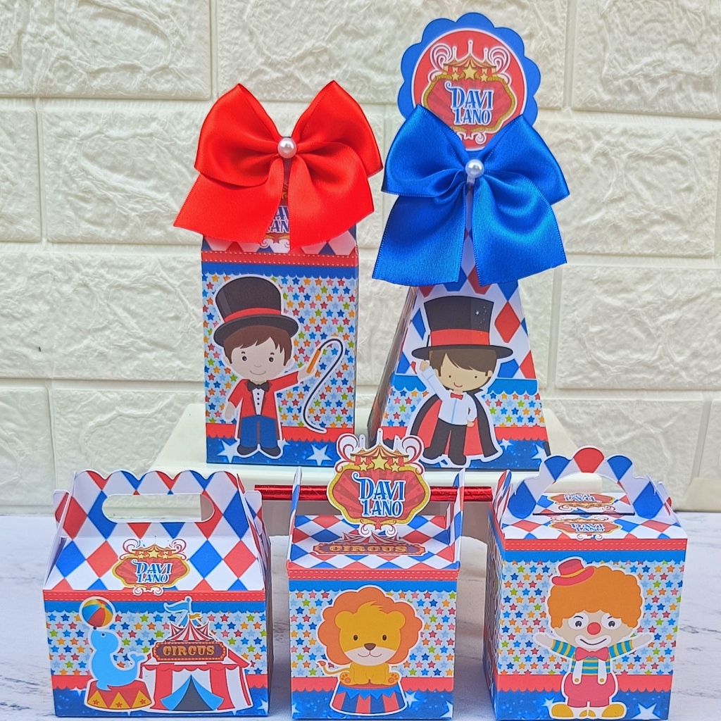 PEGUE E MONTE Kit Festa Caixinha Personalizada Circo Menino Lembrancinha para Festa Infantil Caixas Personalizadas