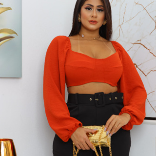 Cropped Feminino Manga Longa LISO  com Bojos Novo 2025 em Oferta na Shopee