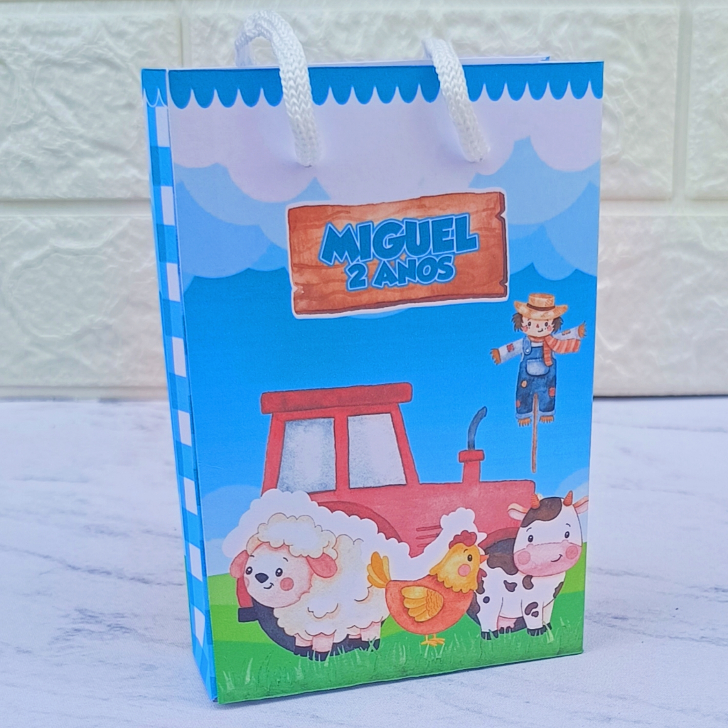 PEGUE E MONTE Sacolinha Personalizada Fazendinha Azul Menino 10X15cm Lembrancinha Festa Infantil Sacola Surpresa