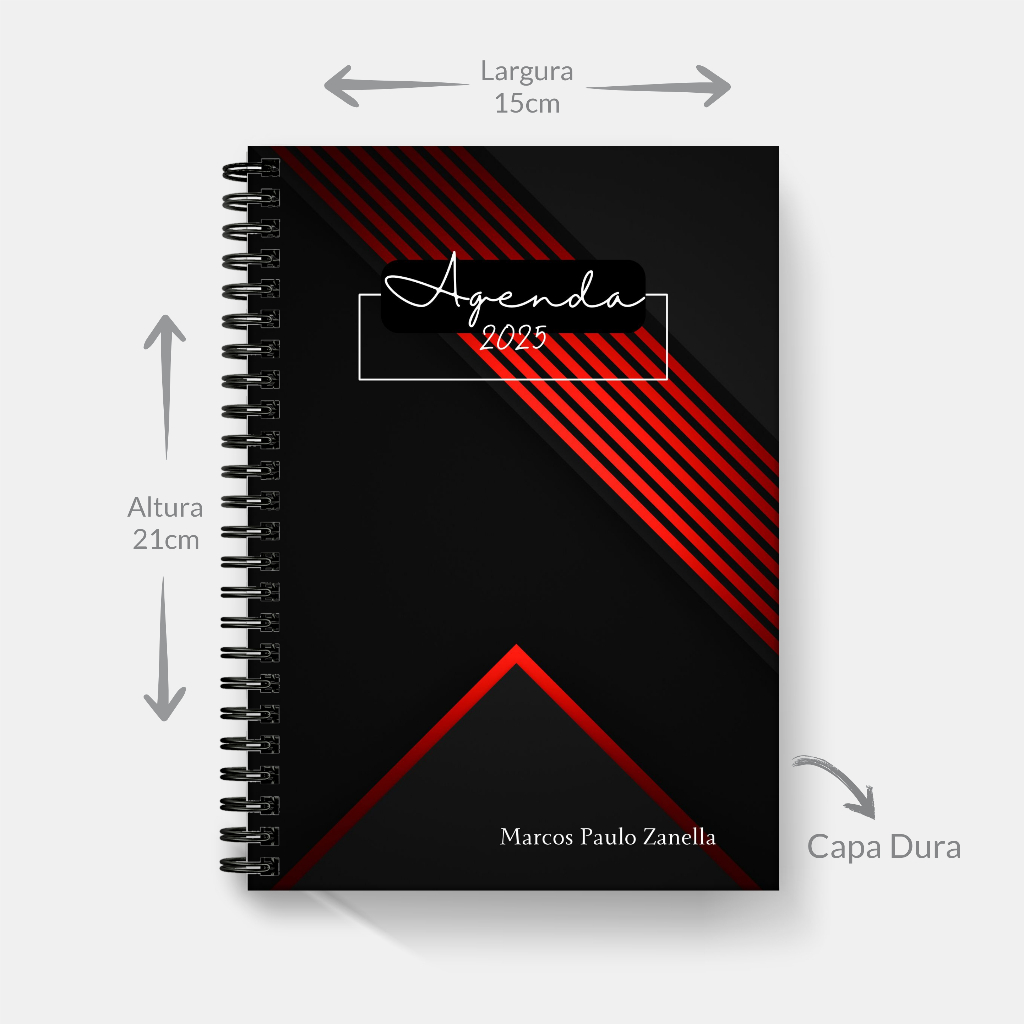 Agenda Preta Vermelha 2025 2 dias por página A5 Masculina unisex Personalizada com Nome