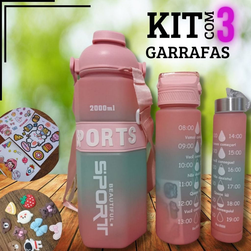 SPORTS Kit Garrafas 3 em 1 garrafas 2L 900ml 300ml Squeze Academia Treino Tie Dye com adesivos cinta de suspensão de cinto de