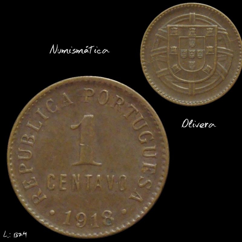 Moeda antiga Portugal 1 centavo 1918. L.: 1372