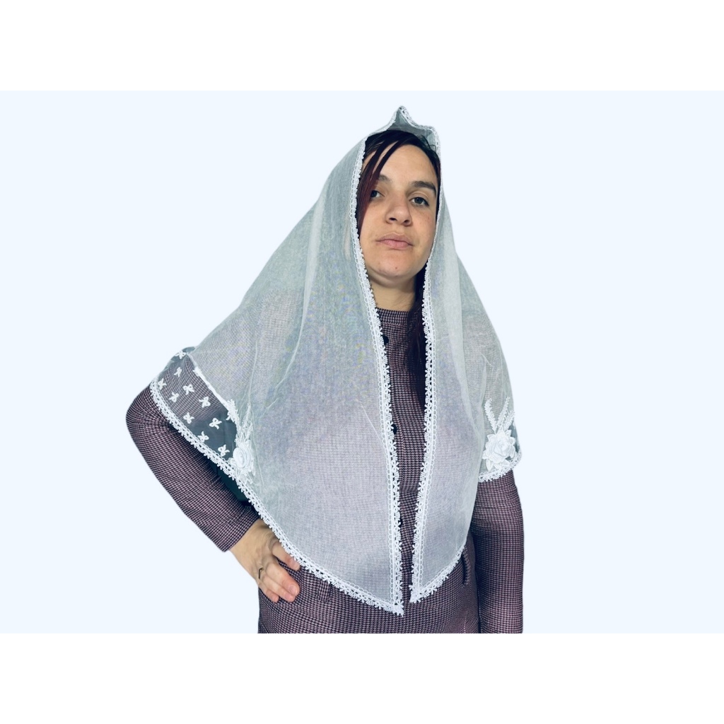 VÉU CCB ADULTO, POA DE LACINHO, RENDA DE LACINHO, APLIQUE DE ROSAS 3D E LAÇO 3D VA-20