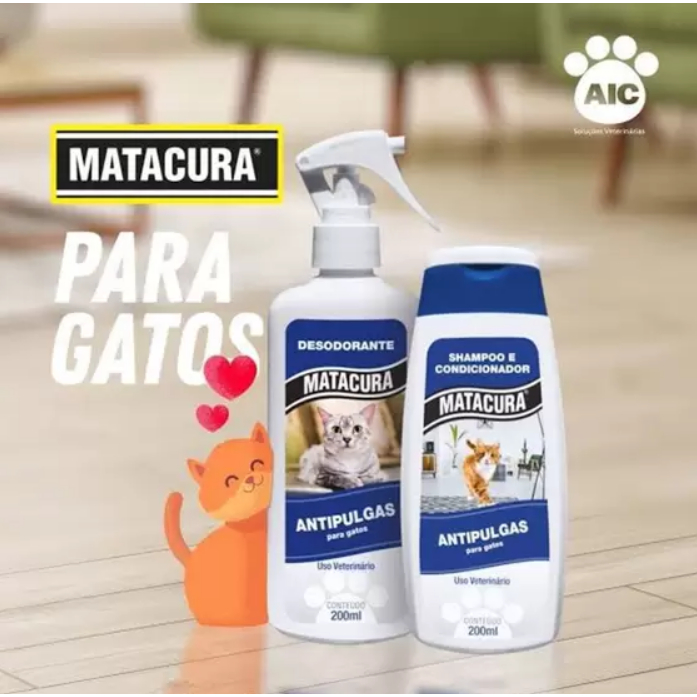 Kit Matacura 1 Desodorante Gatos 200ml + 1 Shampoo e Condicionador Antipulgas Gatos 200ml