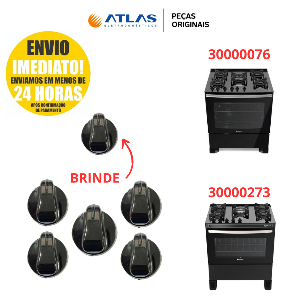 KIT 5 BOTÕES MANÍPULOS +1 DE BRINDE FOGÃO ATLAS U.TOP AGILE GLASS PRONTA ENTREGA ORIGINAL