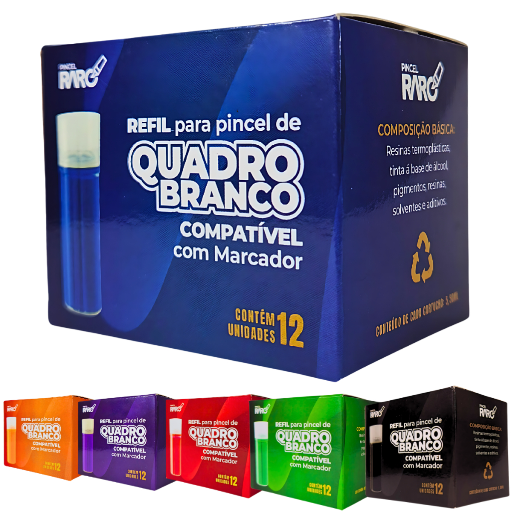 Caixa Tinta Refil Marcador de Quadro Branco Pincel Raro 12 Unidades Azul Preto Vermelho Laranja