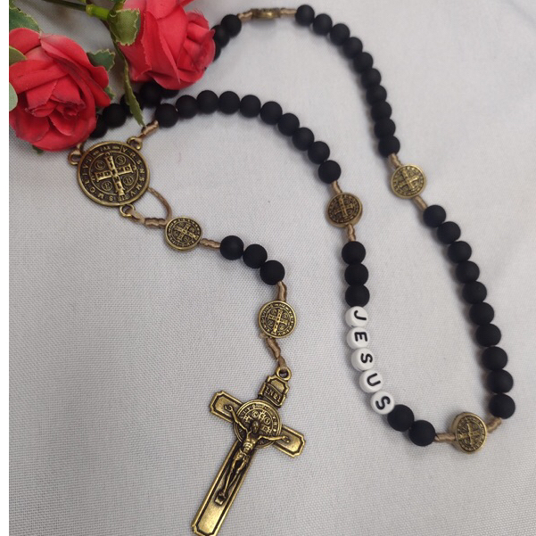 Terço Personalizado de São Bento 7 Medalhas - contas emborrachadas