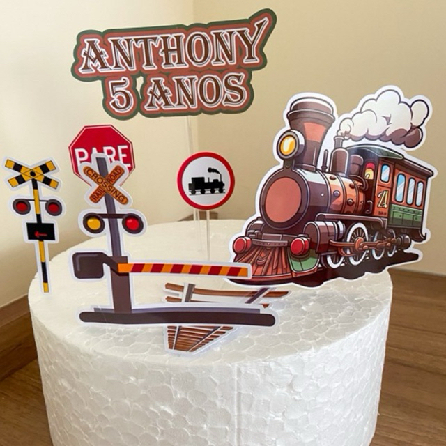 topo de bolo tema trem trenzinho locomotiva trilho - PEGUE E MONTE