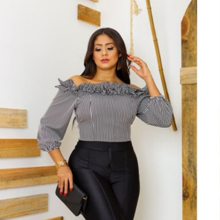 Blusa Ciganiha Femenina Listrado com Babado - Manga  Longa e Ombro aOmbro em Oferta na Shopee