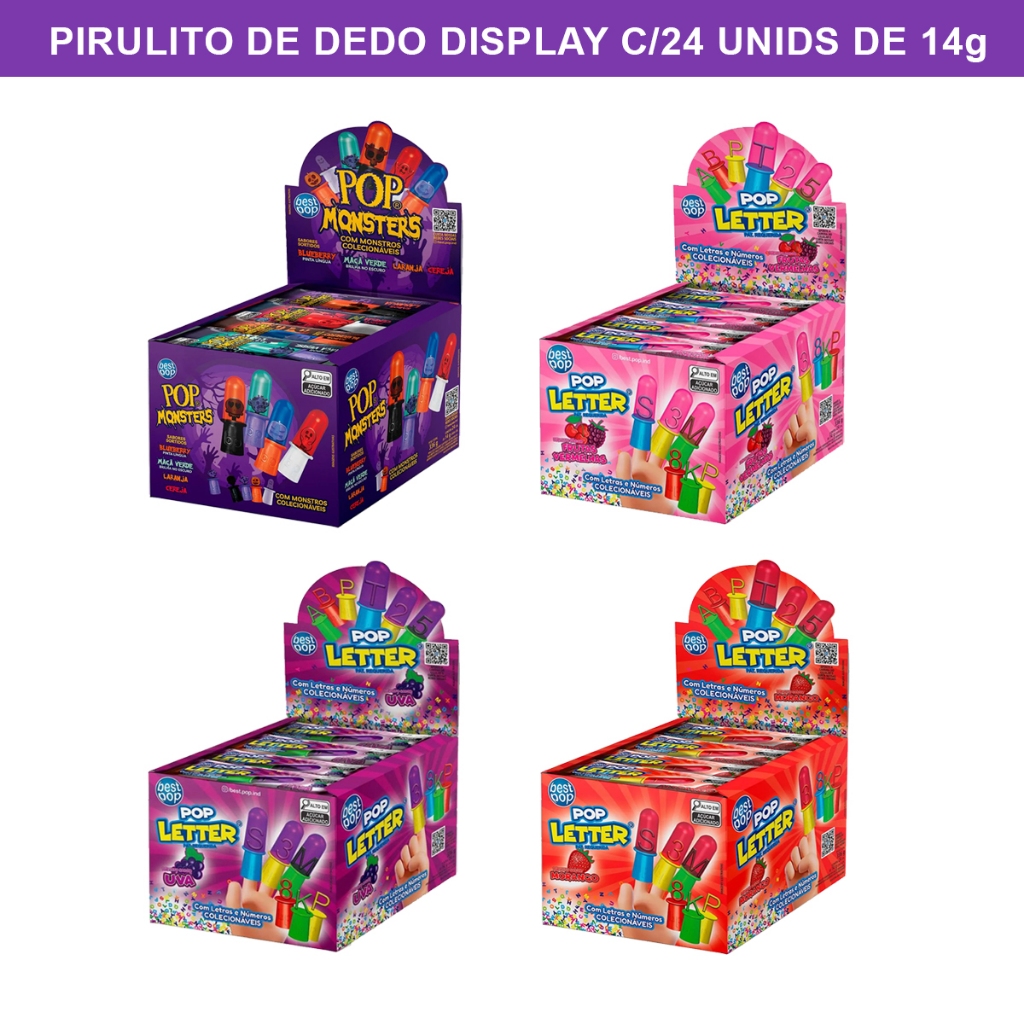Pirulito De Dedo Sabores Sortidos Colecionáveis 24un Pop Letter Para Festas