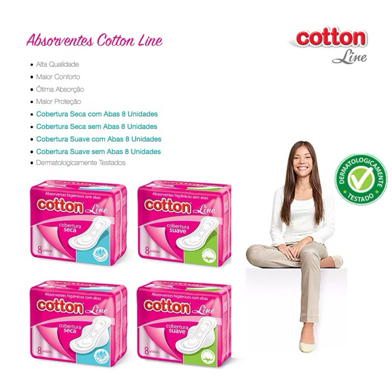 KIT 10 Absorventes c/ 8 Uni cada c/ Abas Seca Cotton Line