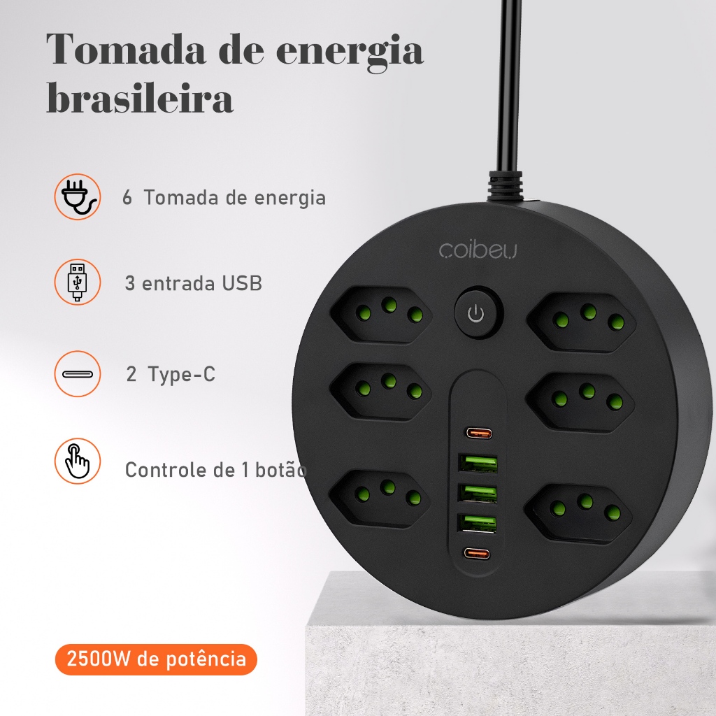 COIBEU Extensão 6 Tomadas 3 USB 2 Tipo-C Bivolt Power 10A 2 metros de linha 110v/220v