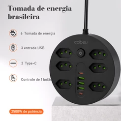 COIBEU Extensão 6 Tomadas 3 USB 2 Tipo-C Bivolt Power 10A 2 metros de linha 110v/220v