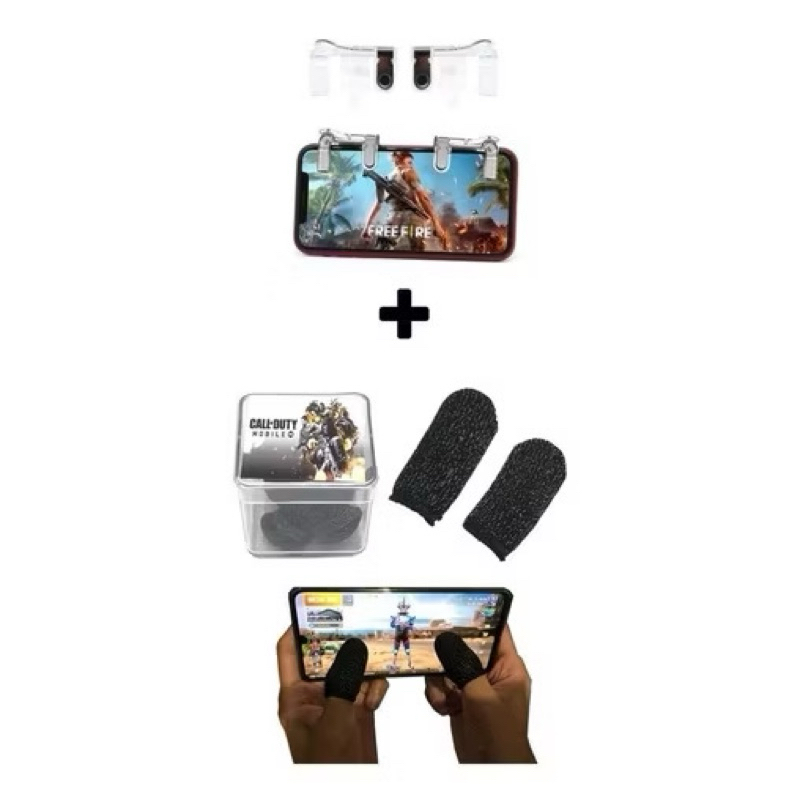 Kit 1 Par Luva De Dedo Gamer  + 1 Par Gatilhos R1 L1 Pubg Mobile Free Fire Call of Duty Escolha o Jogo